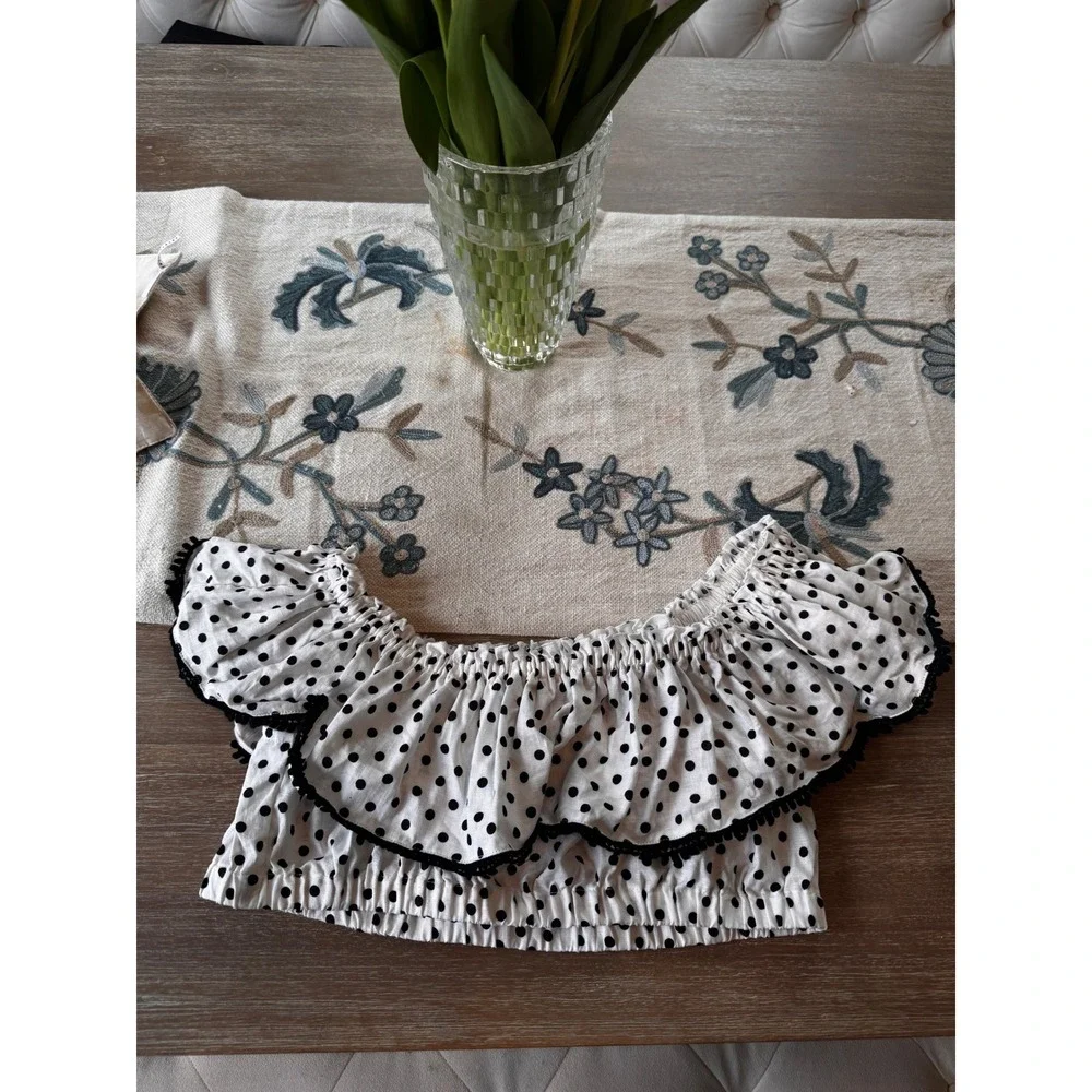 Suboo Polka Dot Crop Top Off Shoulder Ruffle Trim White Black XL - Picture 5 of 9